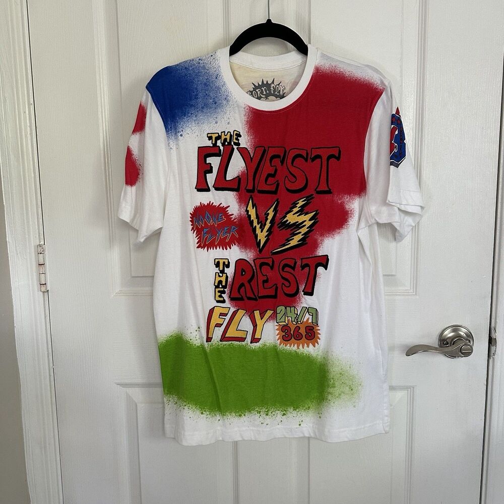 Born Fly Stay Fly USA Tshirt Mens M All Over Print White Short Sleeve Graffiti